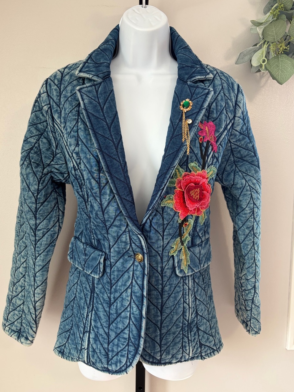 NWOT Aratta Silent Journey- Embroidered Quilted Blue Mineral Wash Blazer - Picture 15 of 16